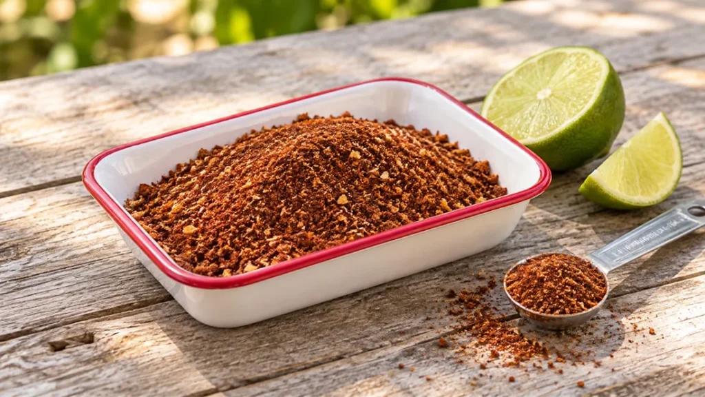 Chili lime corn rub in a red-rimmed enamel tray with lime halves