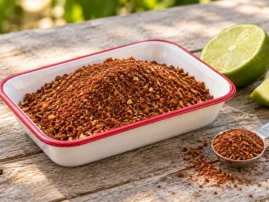 Chili lime corn rub in a red-rimmed enamel tray with lime halves