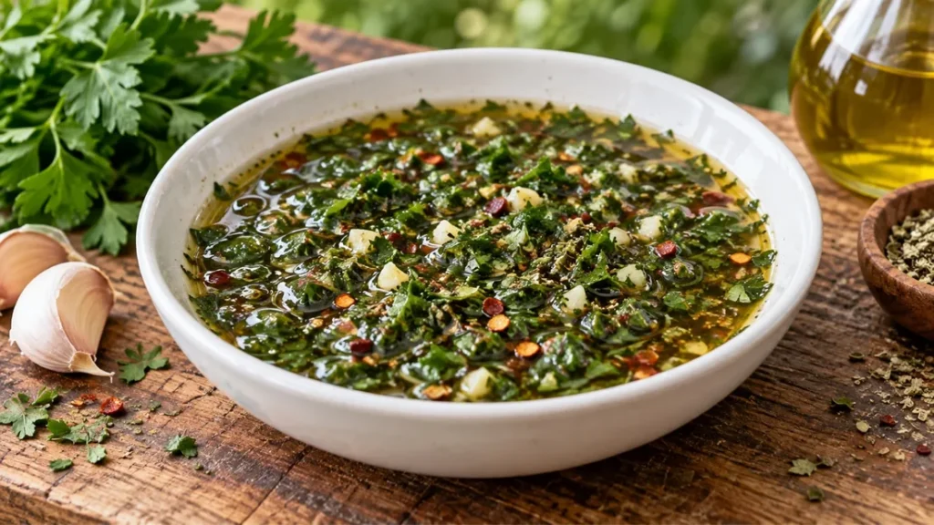 Bowl of chimichurri marinade with chopped parsley, garlic and red pepper flakes in olive oil