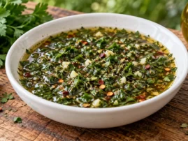 Bowl of chimichurri marinade with chopped parsley, garlic and red pepper flakes in olive oil