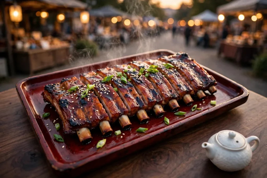 Chinese BBQ pork ribs with a honey glaze and charred tips, sliced between the bones.