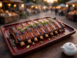 Chinese BBQ pork ribs with a honey glaze and charred tips, sliced between the bones.