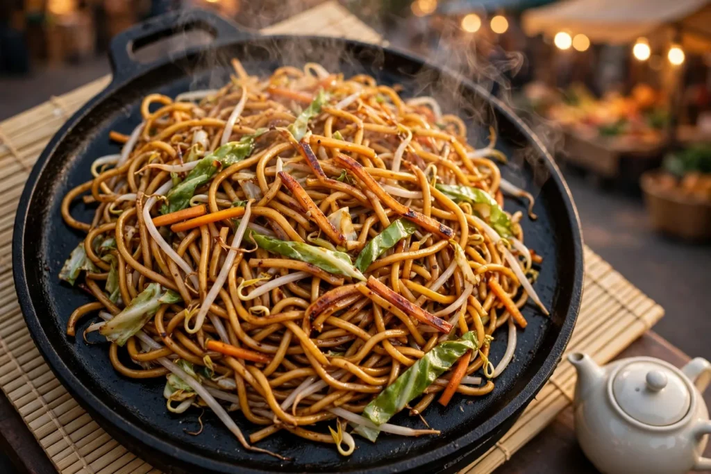 Chow mein, griddle-fried noodles, with cabbage, carrot, and bean sprouts.