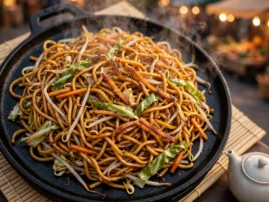 Chow mein, griddle-fried noodles, with cabbage, carrot, and bean sprouts.