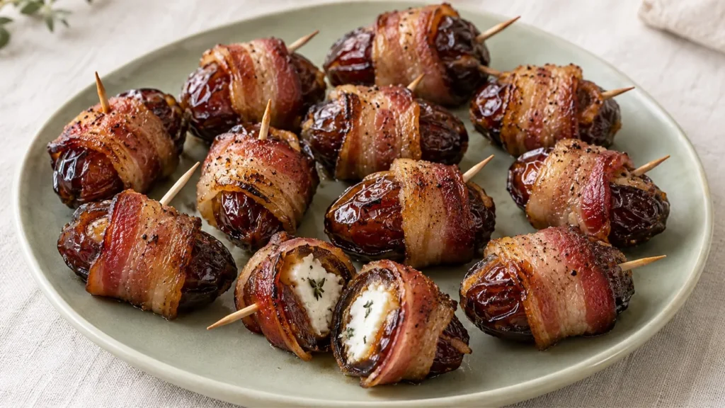 Bacon-wrapped dates with goat cheese filling and a light maple-pepper glaze.
