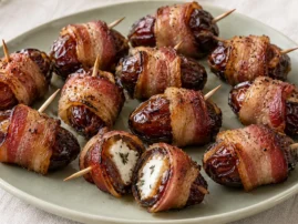 Bacon-wrapped dates with goat cheese filling and a light maple-pepper glaze.