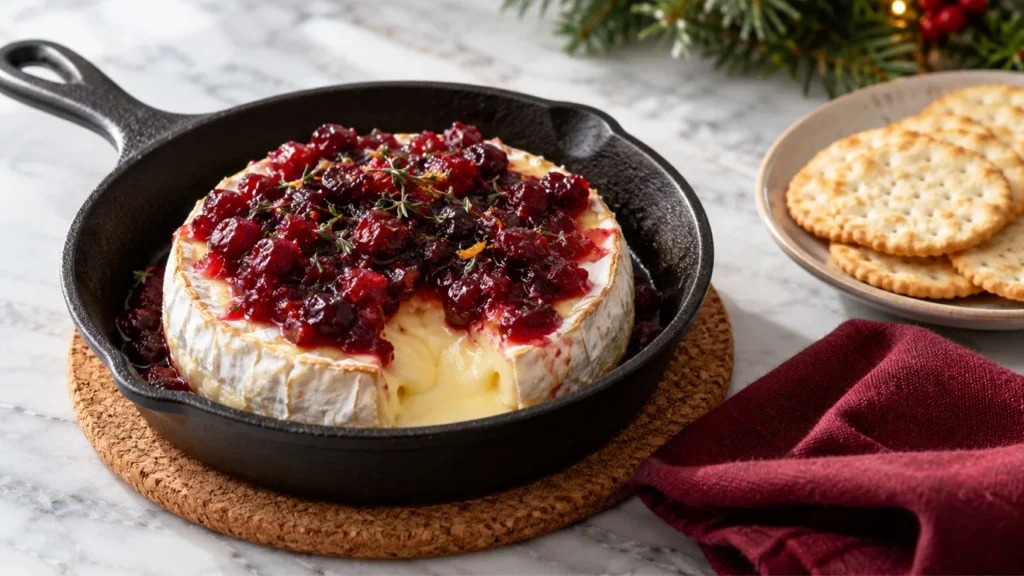 Warm brie in a cast-iron skillet topped with cranberry-orange compote and thyme.