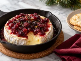 Warm brie in a cast-iron skillet topped with cranberry-orange compote and thyme.