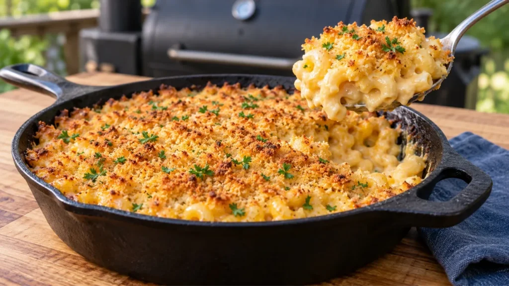 Smoked mac and cheese in a cast-iron skillet with golden breadcrumbs and a creamy spoonful lifted out.