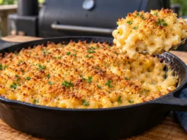 Smoked mac and cheese in a cast-iron skillet with golden breadcrumbs and a creamy spoonful lifted out.