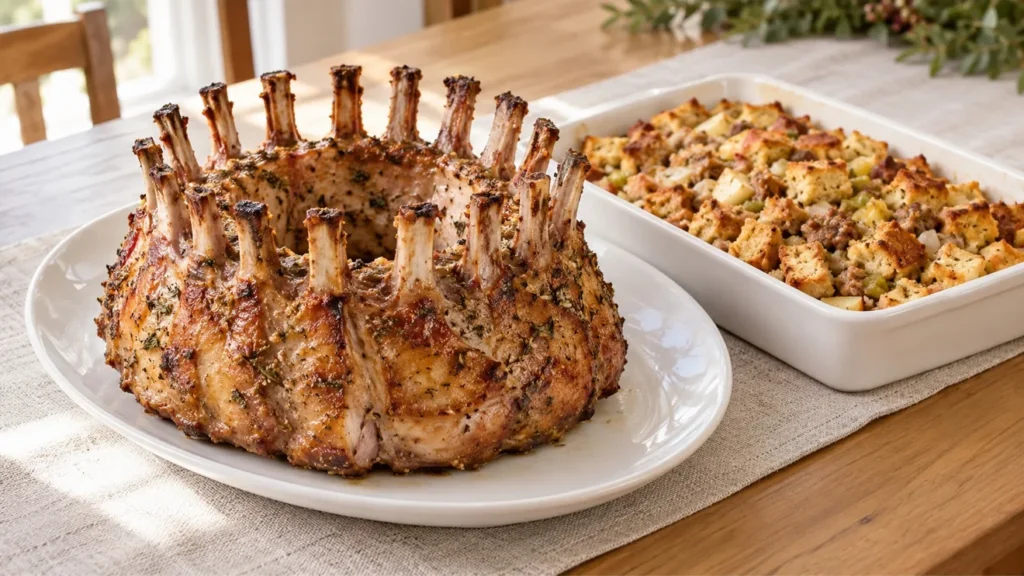 Herb-seasoned crown roast of pork with a separate baking dish of apple-sausage dressing.