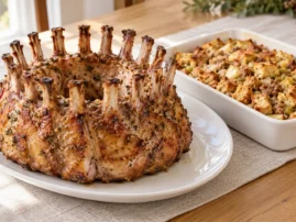Herb-seasoned crown roast of pork with a separate baking dish of apple-sausage dressing.
