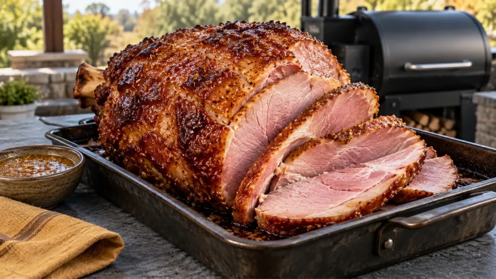Double-smoked ham with a glossy brown sugar–mustard glaze and thick carved slices.
