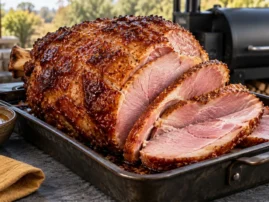 Double-smoked ham with a glossy brown sugar–mustard glaze and thick carved slices.