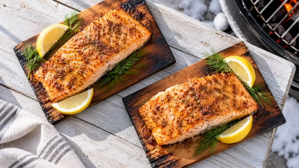 Cedar-plank salmon with brown sugar–Dijon glaze, chopped dill, and lemon wedges.