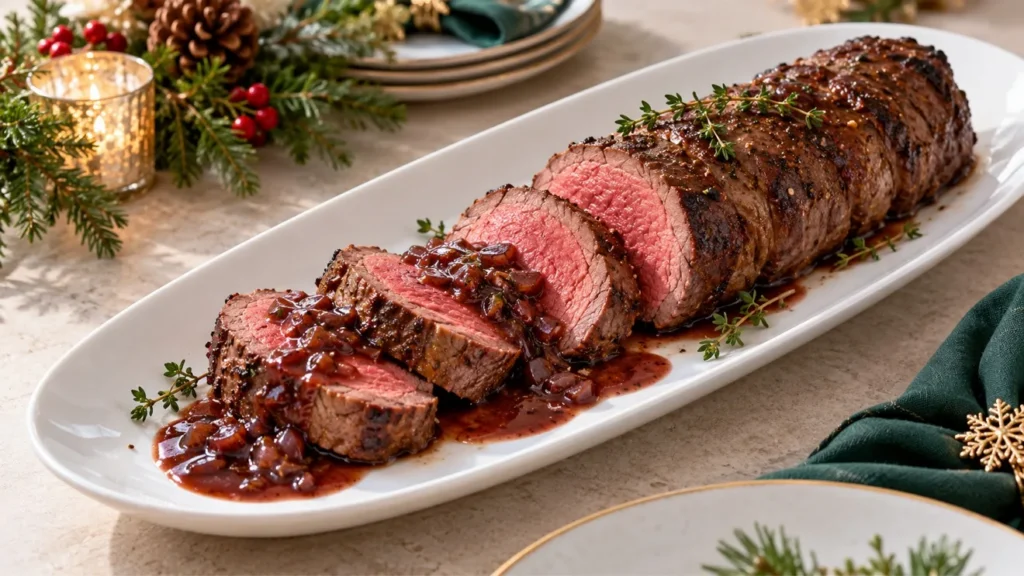 Sliced grilled beef tenderloin with red wine sauce and fresh thyme on a white serving platter.