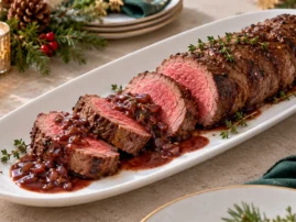Sliced grilled beef tenderloin with red wine sauce and fresh thyme on a white serving platter.