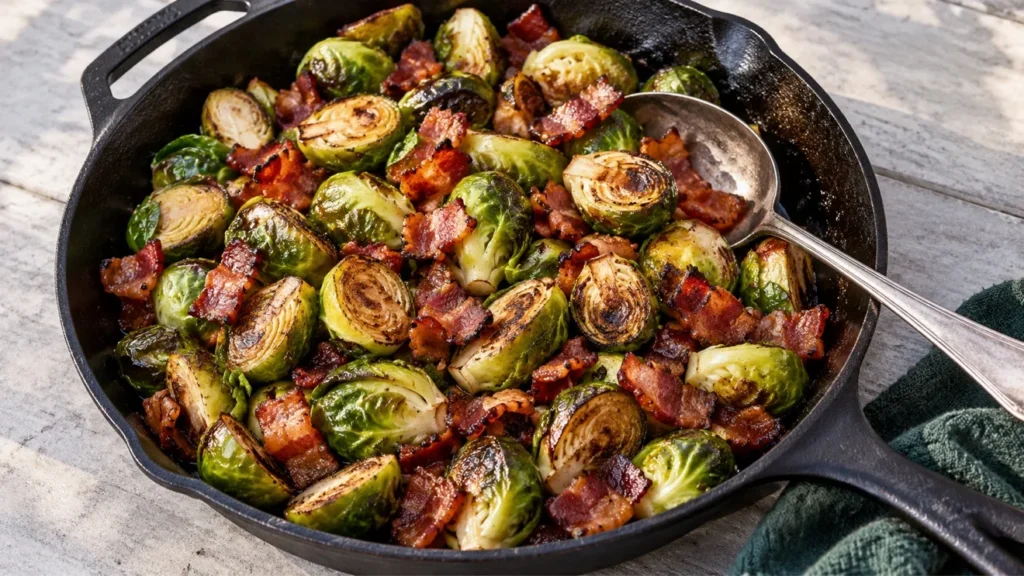 Grilled Brussels sprouts with browned edges and crisp bacon pieces in a cast-iron skillet.