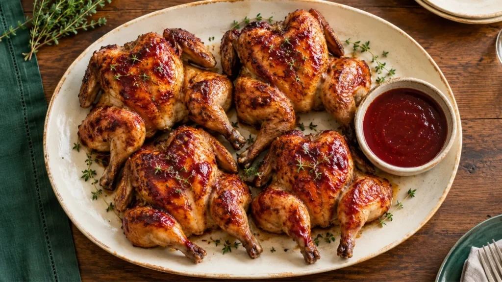 Four grilled Cornish hens brushed with orange-cranberry glaze on a holiday serving platter.