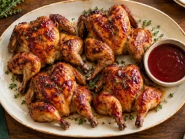 Four grilled Cornish hens brushed with orange-cranberry glaze on a holiday serving platter.