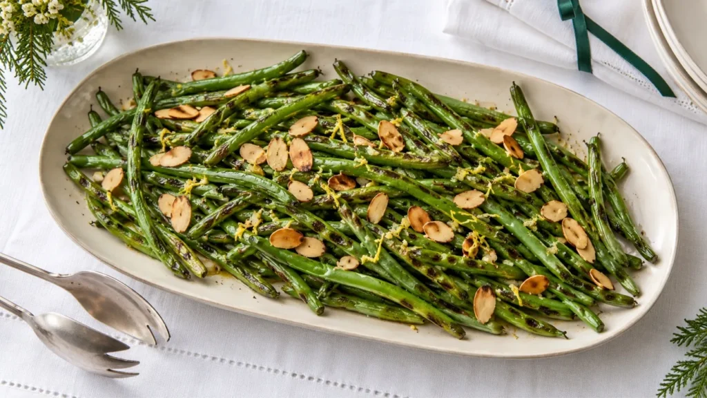 Grilled green beans with toasted sliced almonds, lemon zest, and garlic butter.