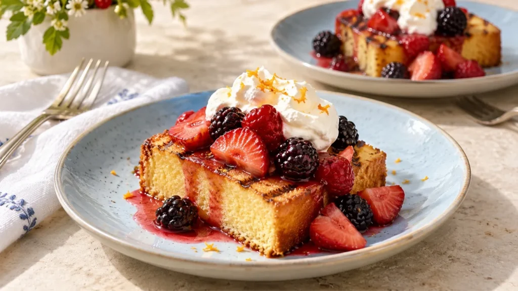 Grilled pound cake with macerated strawberries, raspberries, blackberries, and whipped cream.