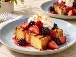 Grilled pound cake with macerated strawberries, raspberries, blackberries, and whipped cream.