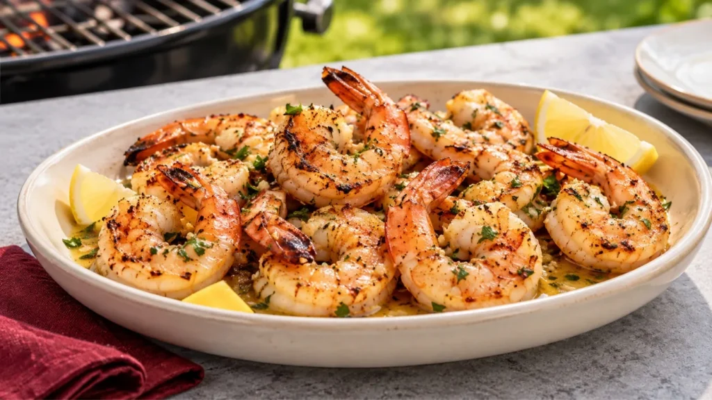Grilled shrimp coated in garlic butter and parsley with lemon wedges on a serving platter.