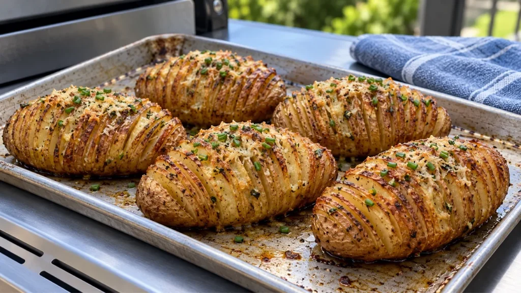 Grilled Hasselback potatoes with golden Parmesan tops, garlic butter, rosemary, and chives.
