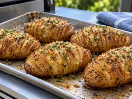 Grilled Hasselback potatoes with golden Parmesan tops, garlic butter, rosemary, and chives.