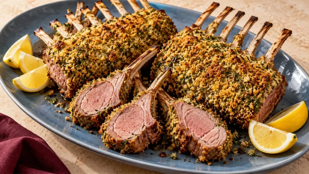 Herb-crusted racks of lamb with carved chops and lemon wedges on an oval platter.