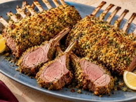Herb-crusted racks of lamb with carved chops and lemon wedges on an oval platter.