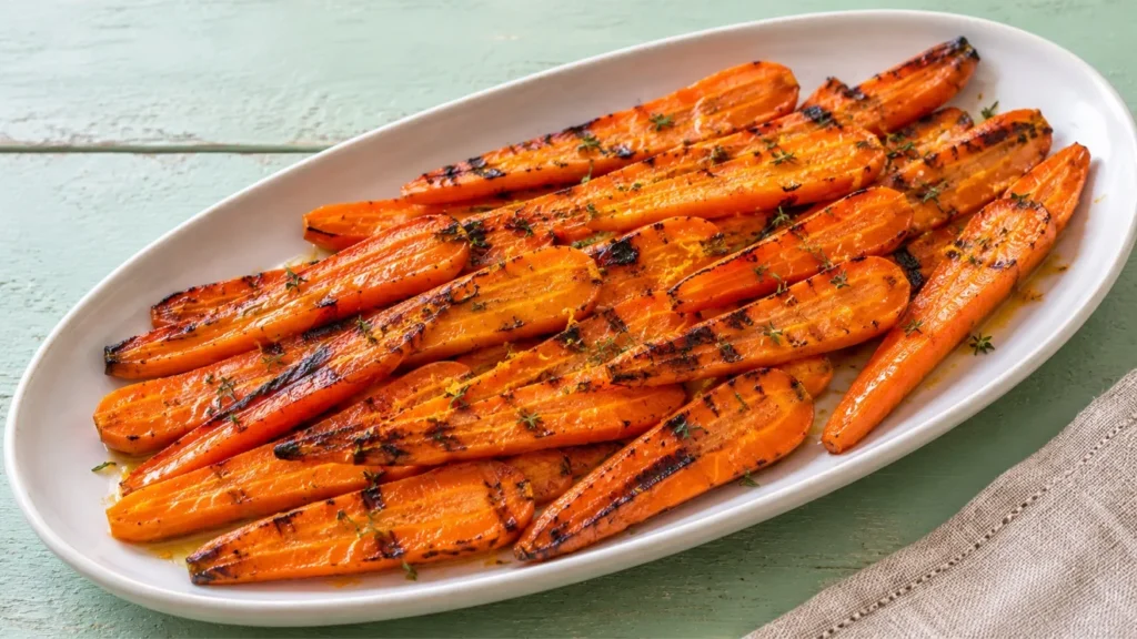 Honey-glazed grilled carrots with orange zest, light grill marks, and fresh thyme.