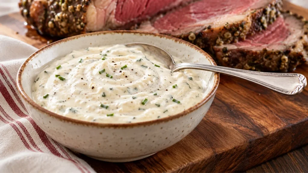Creamy horseradish sauce with chopped chives in a white bowl beside sliced prime rib.