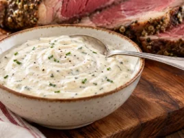 Creamy horseradish sauce with chopped chives in a white bowl beside sliced prime rib.