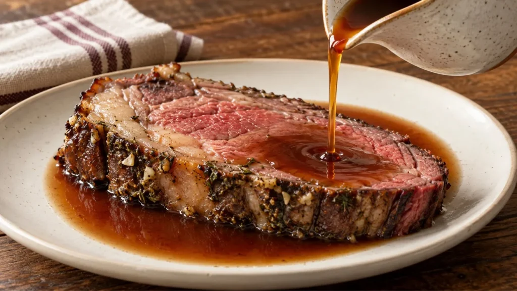 Red wine au jus pouring from a ceramic pitcher over sliced herb-crusted prime rib.