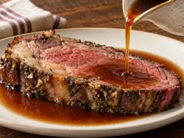Red wine au jus pouring from a ceramic pitcher over sliced herb-crusted prime rib.