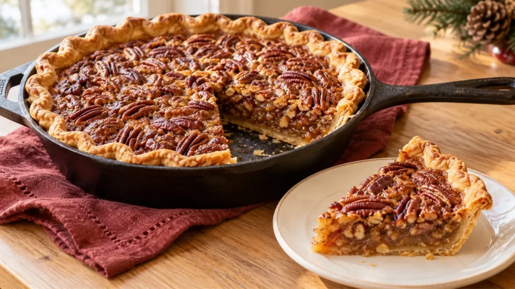 Pecan pie baked in a cast-iron skillet with a golden crust and one slice served on a plate.