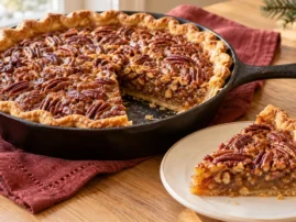 Pecan pie baked in a cast-iron skillet with a golden crust and one slice served on a plate.