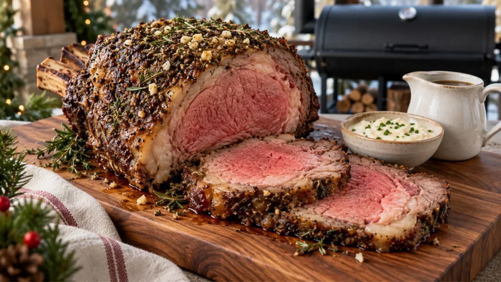 Herb-crusted smoked prime rib with carved slices, creamy horseradish sauce, and red wine au jus.