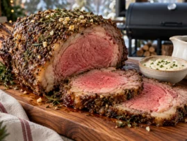 Herb-crusted smoked prime rib with carved slices, creamy horseradish sauce, and red wine au jus.
