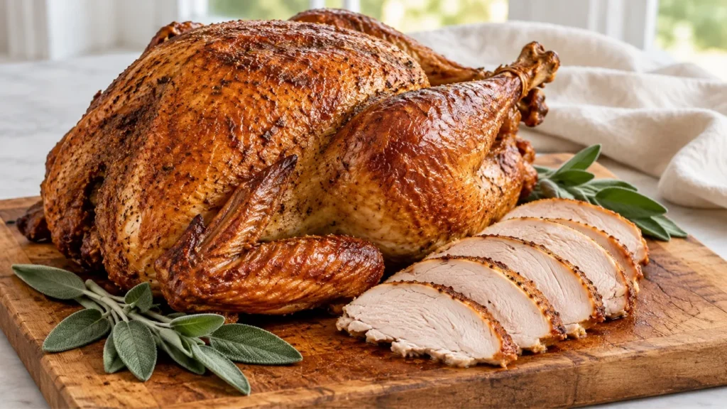 Dry-brined smoked whole turkey with bronze skin, sage and sliced breast meat on a carving board.