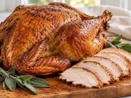 Dry-brined smoked whole turkey with bronze skin, sage and sliced breast meat on a carving board.