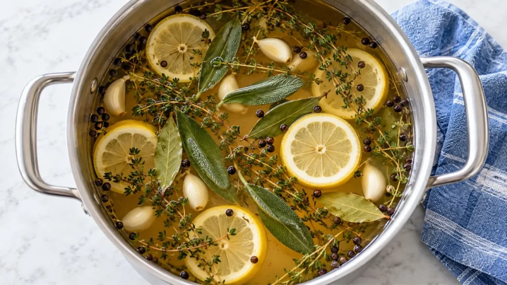 Prepared turkey brine with lemon slices, sage, thyme and peppercorns in a food-safe vessel.