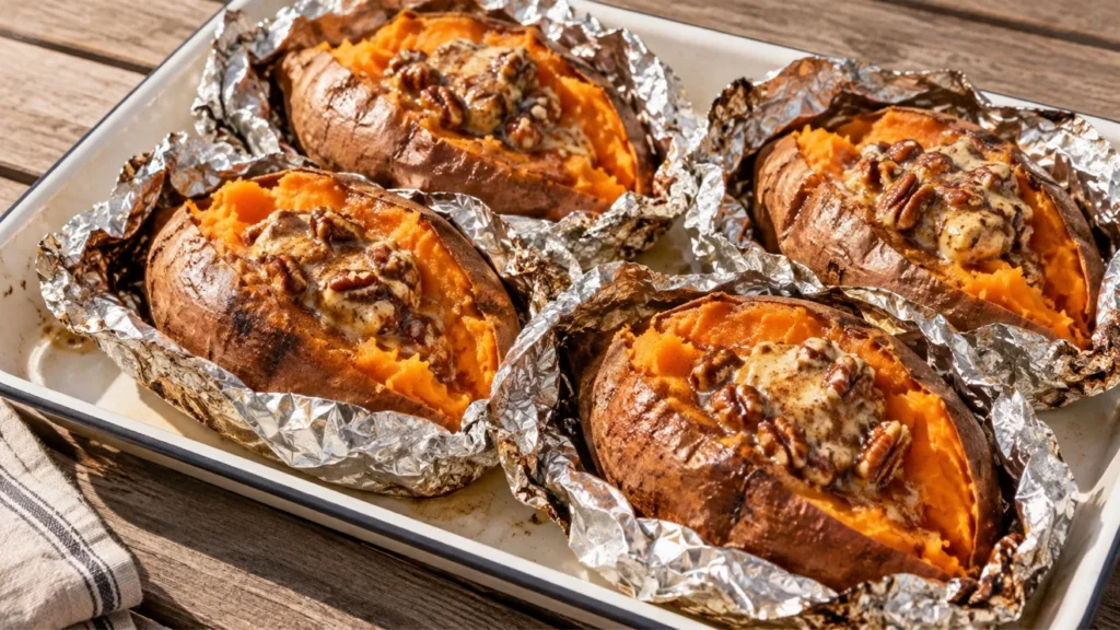 Coal-roasted sweet potatoes split open with sorghum pecan butter.