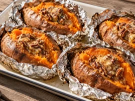 Coal-roasted sweet potatoes split open with sorghum pecan butter.