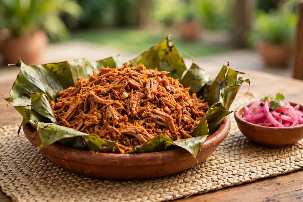 Cochinita pibil pulled pork in banana leaves with pickled red onions.