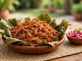 Cochinita pibil pulled pork in banana leaves with pickled red onions.