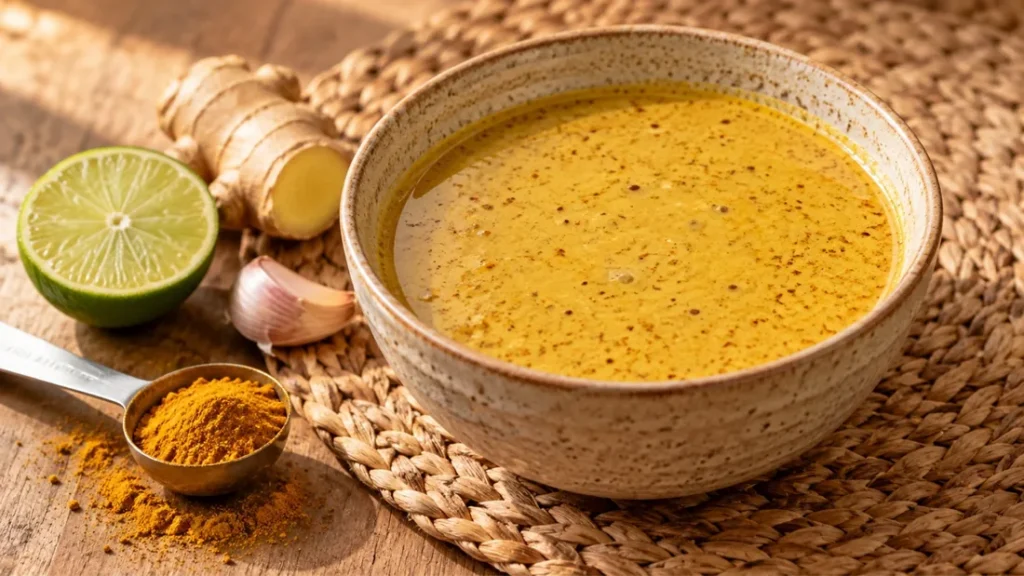 Bowl of coconut curry marinade with curry powder, fresh ginger, a garlic clove and a halved lime beside it