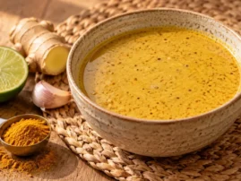 Bowl of coconut curry marinade with curry powder, fresh ginger, a garlic clove and a halved lime beside it